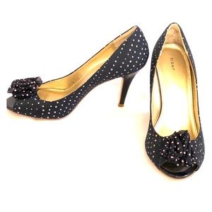 NWOT Fioni Navy Polka Dot Peeptoe Heels